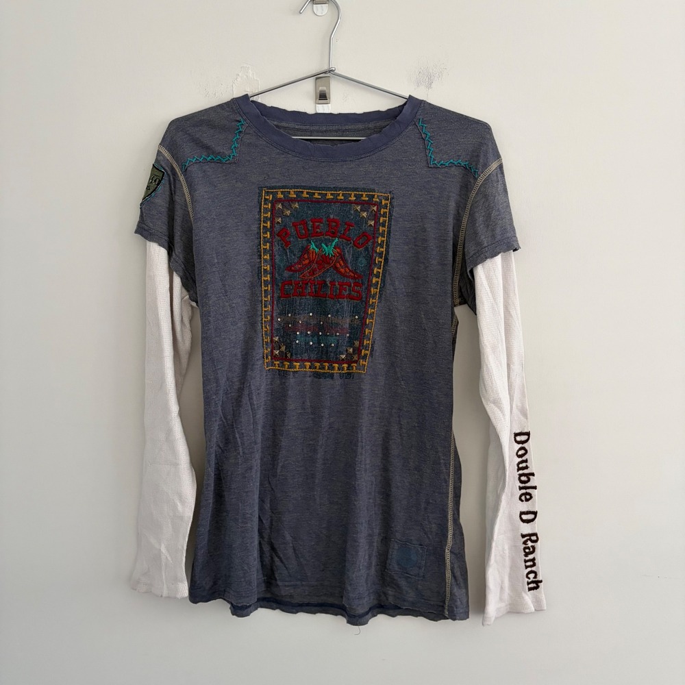 Double D Ranchwear Pueblo Chilies Embroidered Thermal Sleeve Top Blue